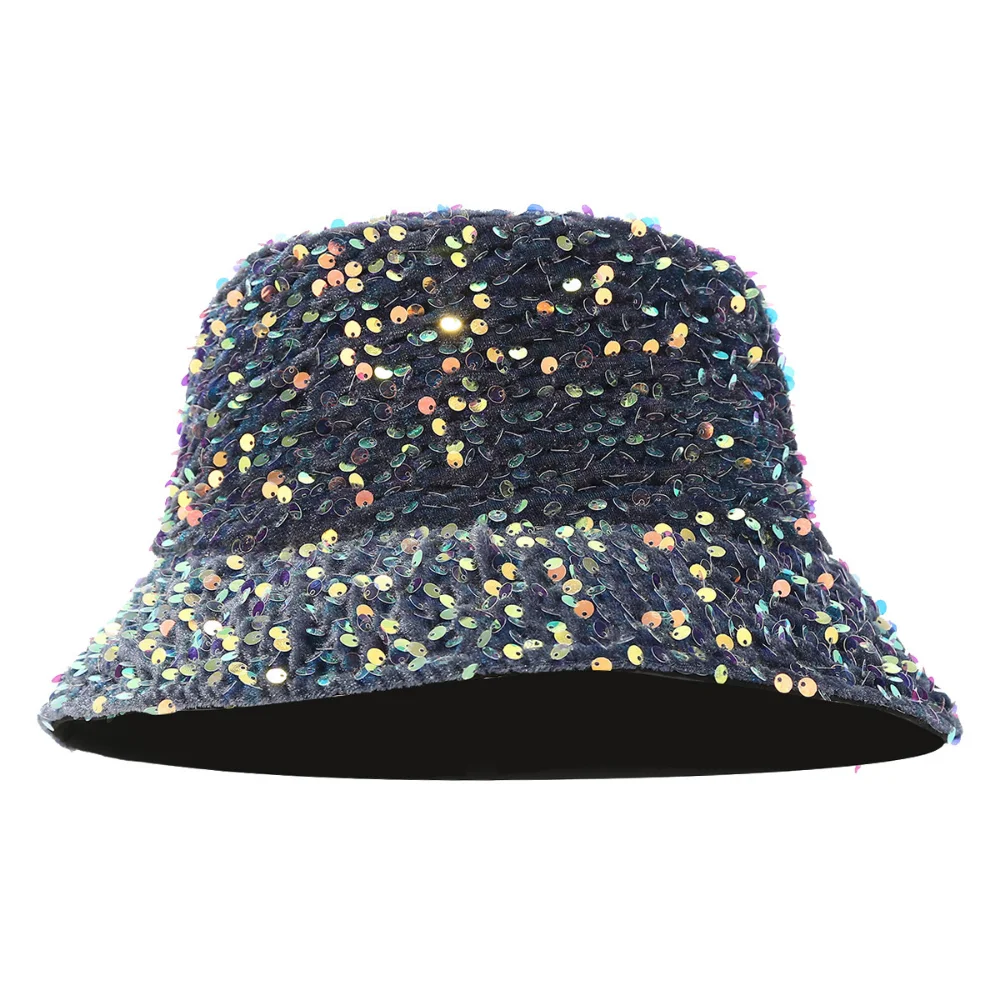 Full-pattern iridescent laser-etched sequin short-brimmed fisherman's bucket hat retro style women's music festival
