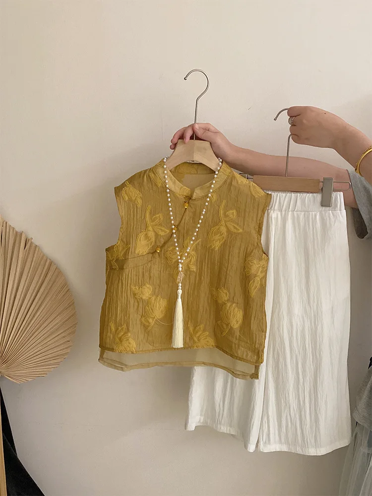 

New Chinese Style Fashion Set for Women Heavy Embroidery Sleeveless Top2025Elegant Design Slimming Tencel Two-Piece Set Trendy