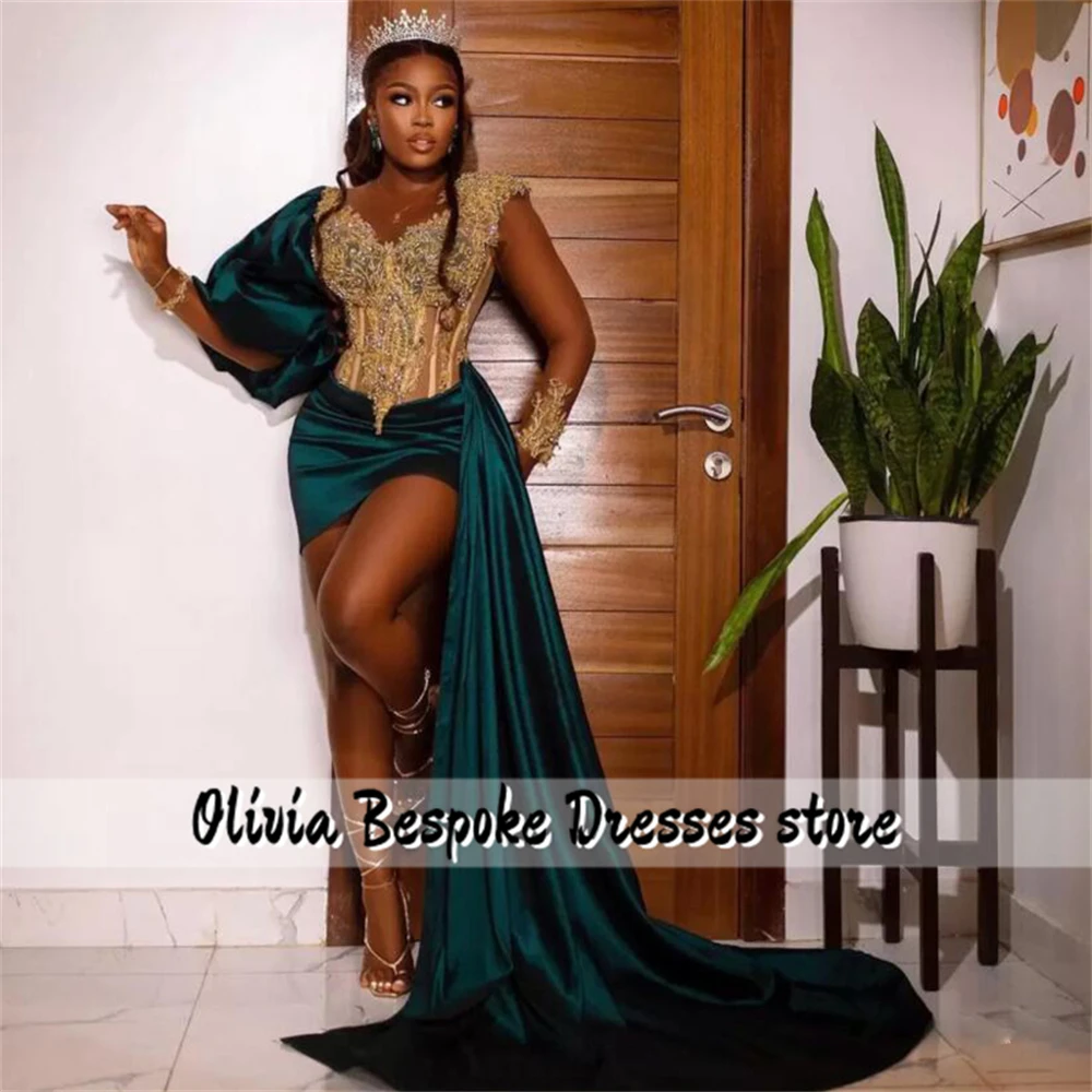 Verde escuro sereia aso ebi vestidos de baile ouro frisado rendas apliques puff manga vestido de noite com trem lateral africano personalizado