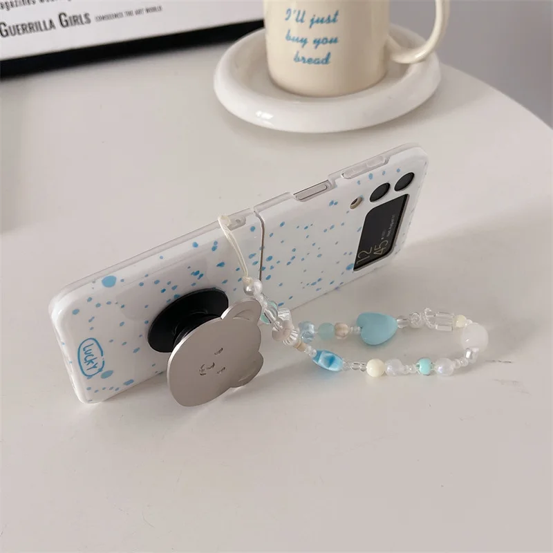 Simple Blue Ink Dot Bear Holder Phone Case for Samsung Galaxy ZFlip6 4 3 Hard Cover for Flip5 Flip3 Flip4 Solid Shell Bracket image 5