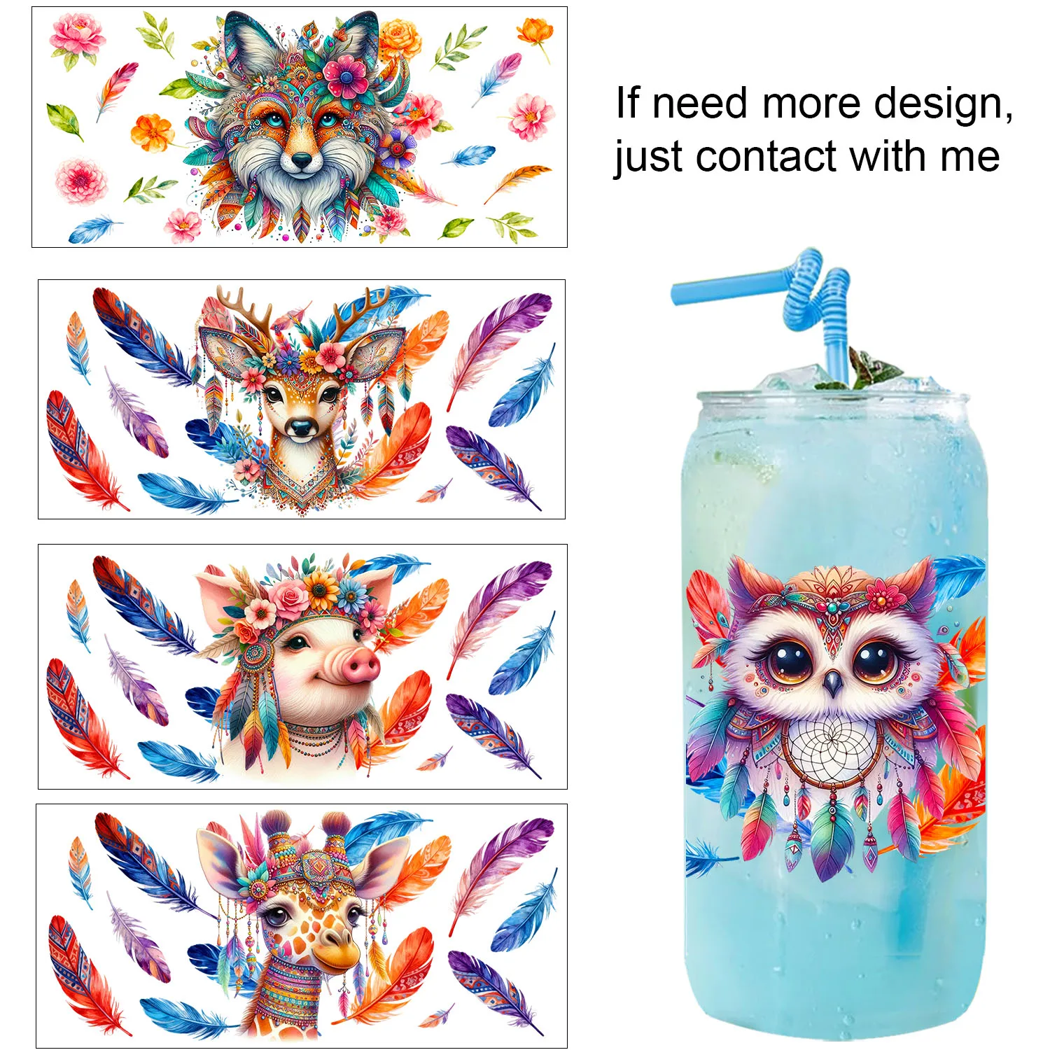 

Bohemian Feather Animal easy peel waterproof Party DIY Decals 3D transfers uvdtf tumbler seal stickers 16oz uv dtf cup wraps