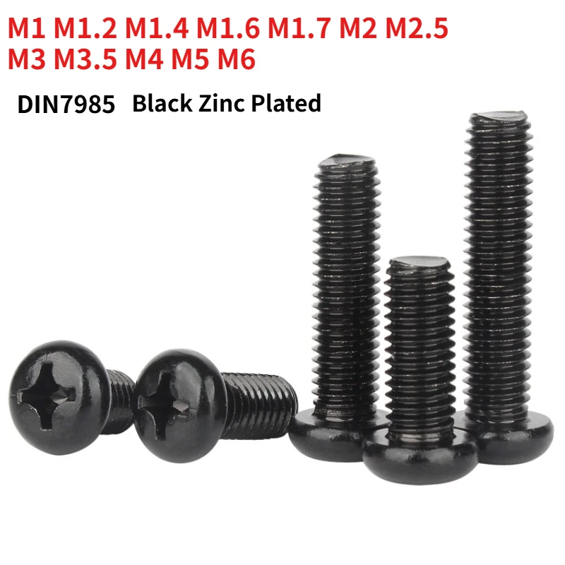 M1 M1.2 M1.4 M1.6 M1.7 M2 M2.5 M3 M3.5 M4M5M6 Black Zinc Plated Phillips Pan Head Machine Screws Cross Round Head Screws DIN7985