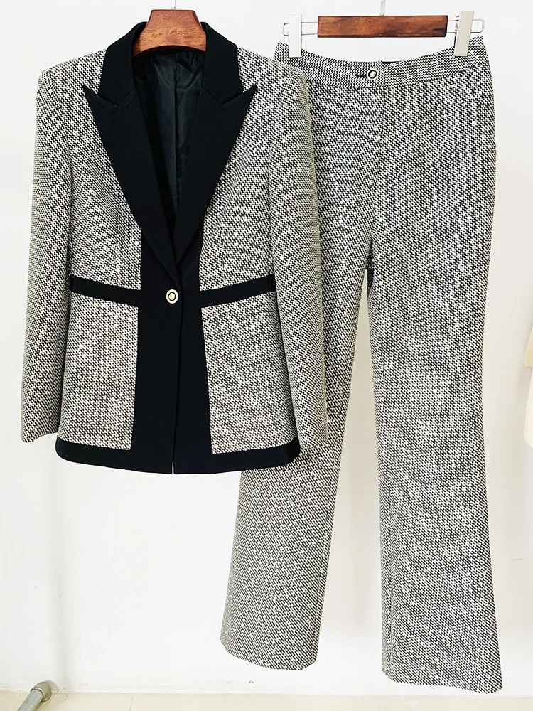 2022 Spring Autumn Elegant OL Pantsuit Chic Women's High Quality Sequins Blazer Jackets +Long Pants Two Piece Set F227