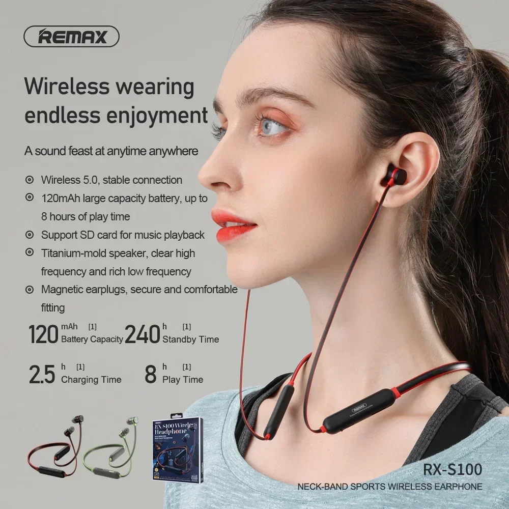 REMAX RX-S100 Wireless Neckband Sports Headphones Bluetooth 5.0 Long Playback and SD Card Support Your Ideal Sports Companion