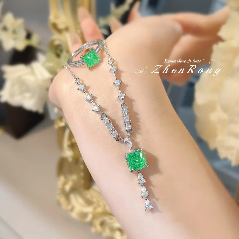

Модное легкое роскошное ожерелье Параиба в форме ледяного цветка, инкрустированное высокоуглеродистым бриллиантом, Redeen Cut Princess Square Green Diamond Ri