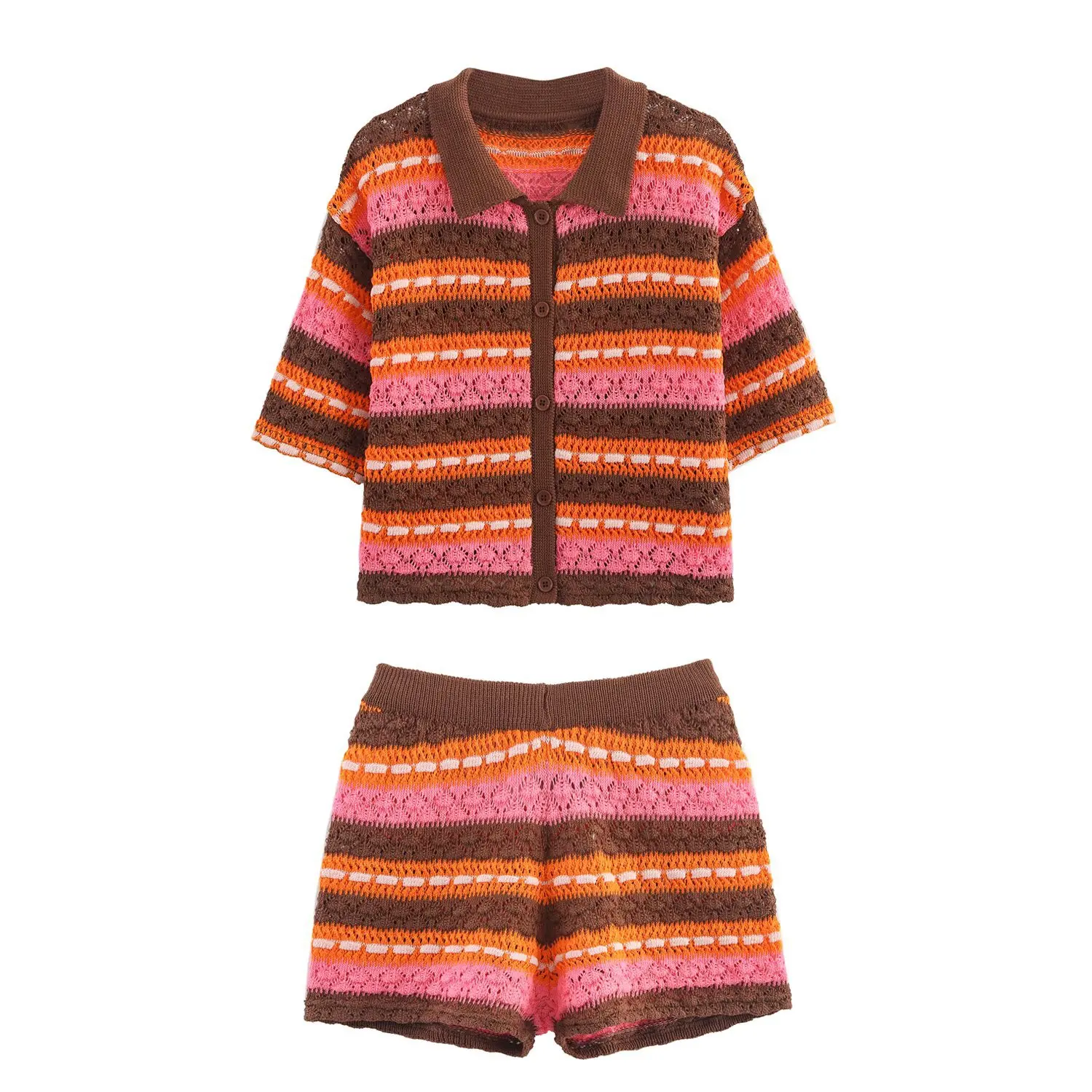 

Женская мода вязаный полосатый розовый милый комплект из двух предметов Y2K футболка-поло с короткими рукавами повседневные уличные мини-шорты праздничный комплект