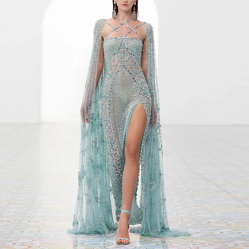 

Роскошные светло-зеленые вечерние платья с кружевом и бисером с разрезом по бокам, платья для дня рождения и выпускного вечера по индивидуальному заказу فساتين سهرة