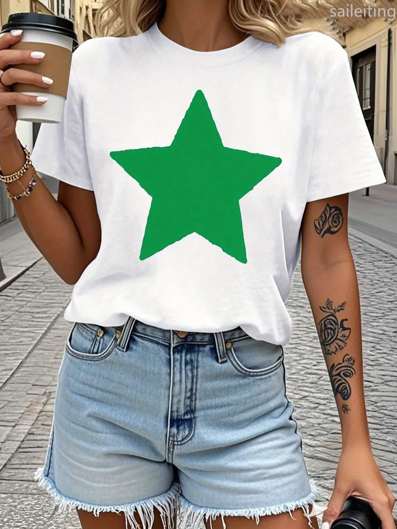 Camiseta informal para mujer con gran estrella verde, camiseta informal con manga Harajuku para mujer, ropa de calle, camisetas, ropa estética