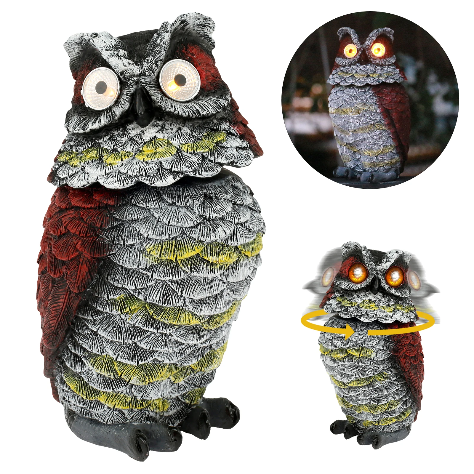 New Solar Owl Scarecrow Realistic Owl Statues Drive Bird Heads Whirling Eyes Flickering Owl Bait Outdoor Garden Lawn Decorations