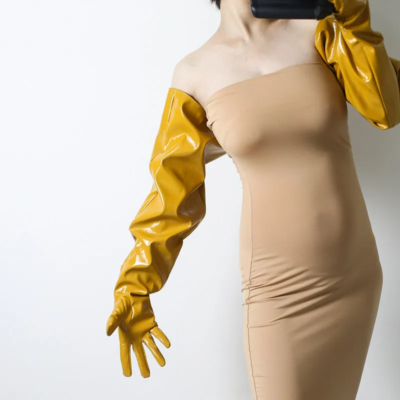 28" 70cm LANGE MODEHANDSCHUHE Unisex Kunstleder Abendhandschuhe Orange Glänzend Schwarz Große Damen-Armstulpen Manschetten Sexy Accessoire – Detail 32