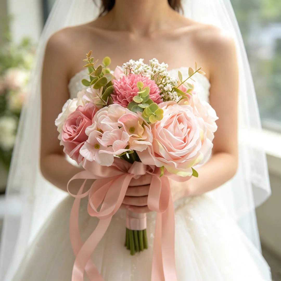 1pcs Artificial Roses Gypsophila Bridal Bouquet Wedding Home Table Vase DIY Decoration Faux Hand-Tied Bouquet for Wedding Party