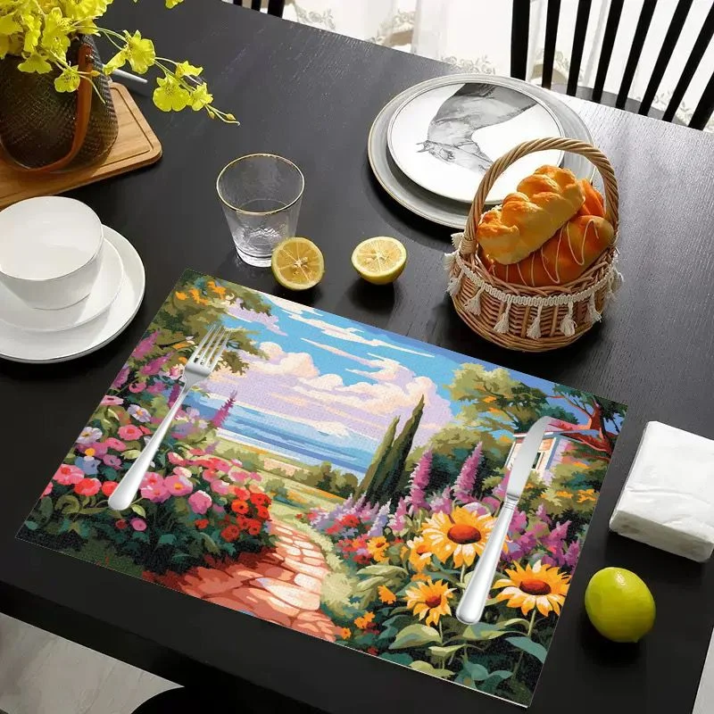 VIKAMA Placemat Country Flower Field Print, Waterproof Oil-Proof Heat-Resistant Woven Dining Table Mat for Home