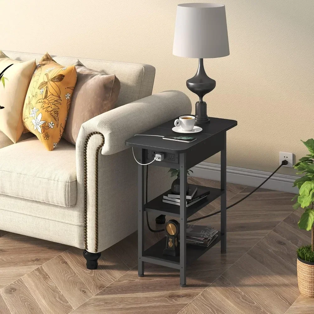 Flip Top Side Table with USB Ports and Outlets, Nightstand for Small Spaces, Bedside Tables with Storage Shelf for  Bedroom