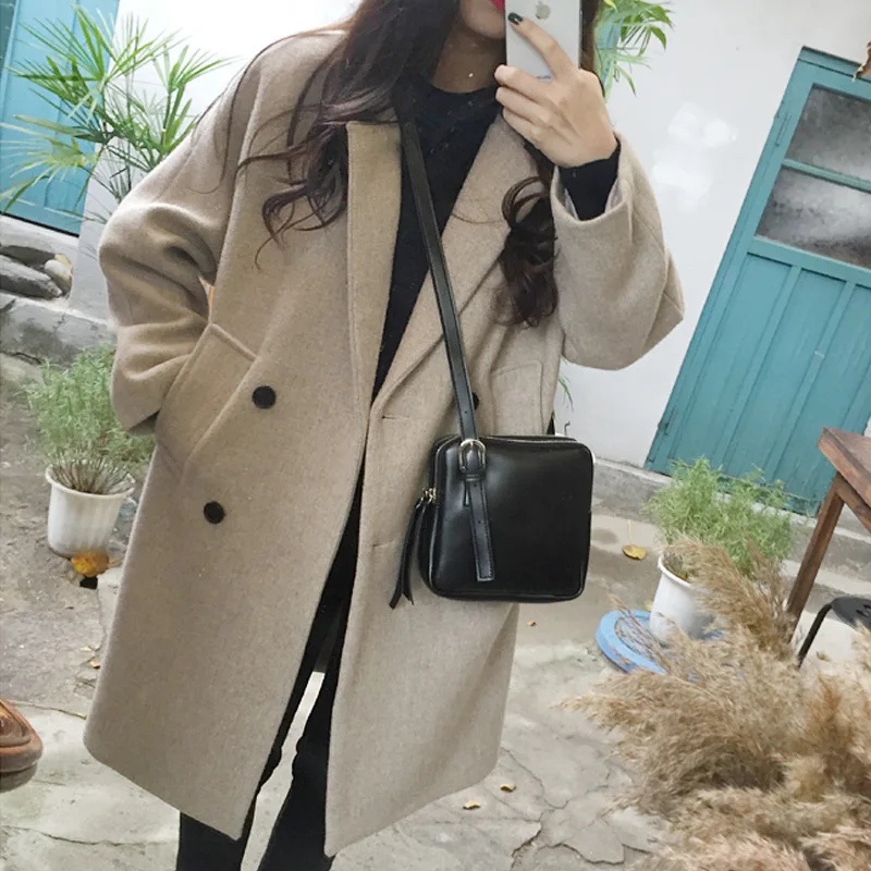 Woman woollen overcoat winter loose solid color double breasted long sleeve V neck Ladies Top Coats dropshipping GGFSNZDY001