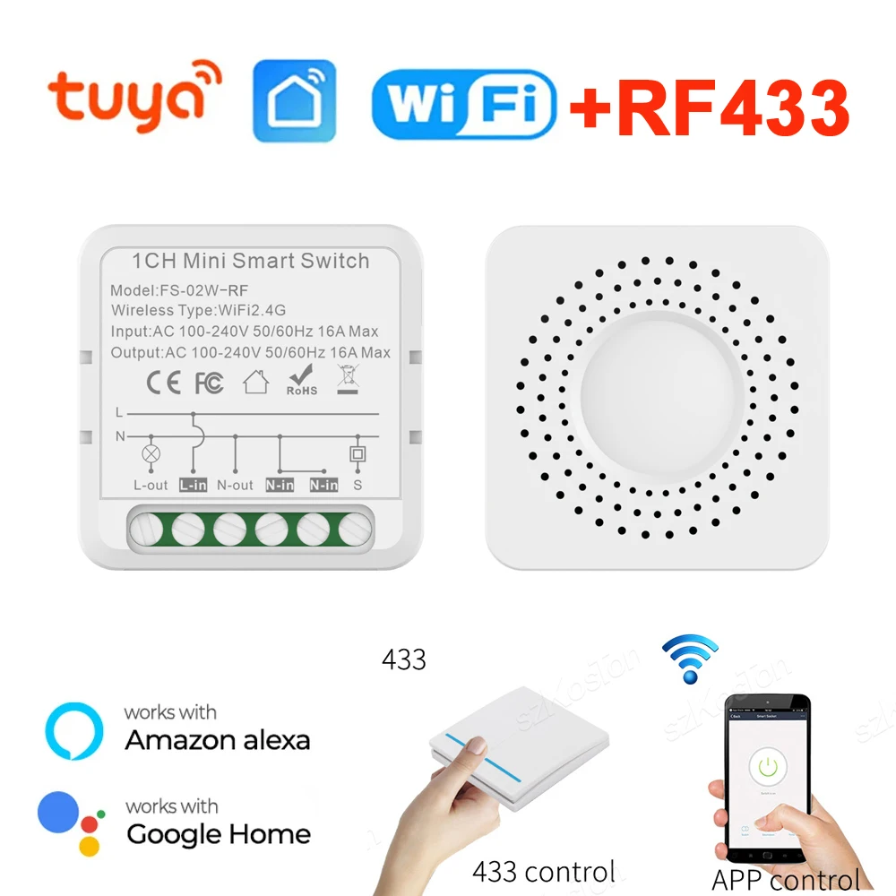 Tuya WiFi Smart Switch 16A RF433 Mhz Wireless Relay Receiver Home Mini Light Switch Smart Life APP Timer Voice for Alexa Google