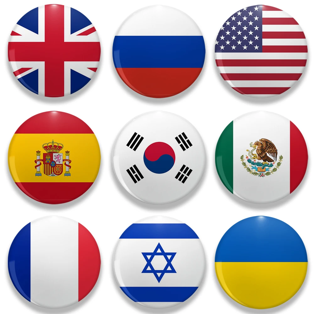 Country Flags Round Pins for Accessories United States Kingdom Spain South Korea Tinplate Button Brooch Badges Travel Fans Gifts