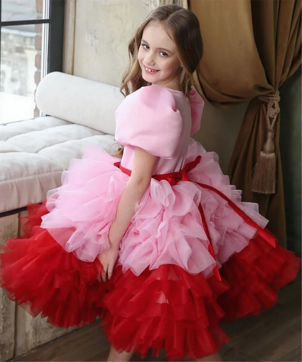 

Pink Red Flower Girl Wedding Dress Satin Short Sleeves Bow Puffy Birthday Dress Princess Pageant Party Gown for Girls Customized