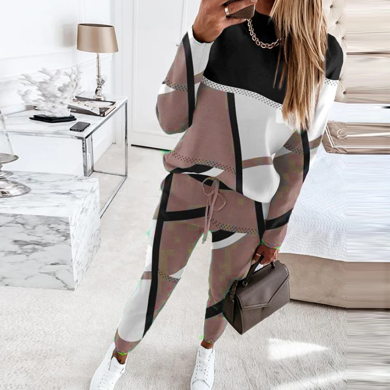 Casual O-neck Long Sleeve Pullover & Tie-up Long Pant Outfits Women Fashion Colour Blocking 2Pc Suit Casual Loose Tracksuits Set