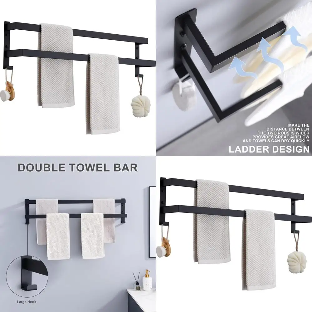 

32-Inch Matte Black Stainless Steel Double Towel Bar, Wall-Mounted 2-Tier Bath Towel Rack
