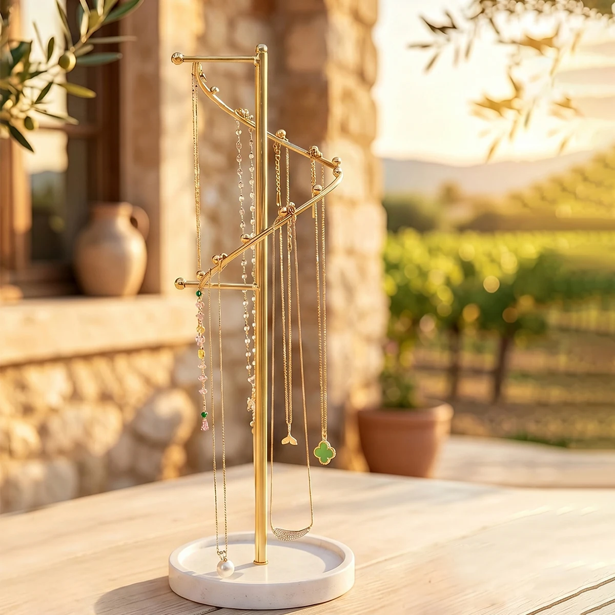 

Gold S-Shaped Necklace Holder with Base on Solid Wood Base Stand for Jewelry Storage And Display