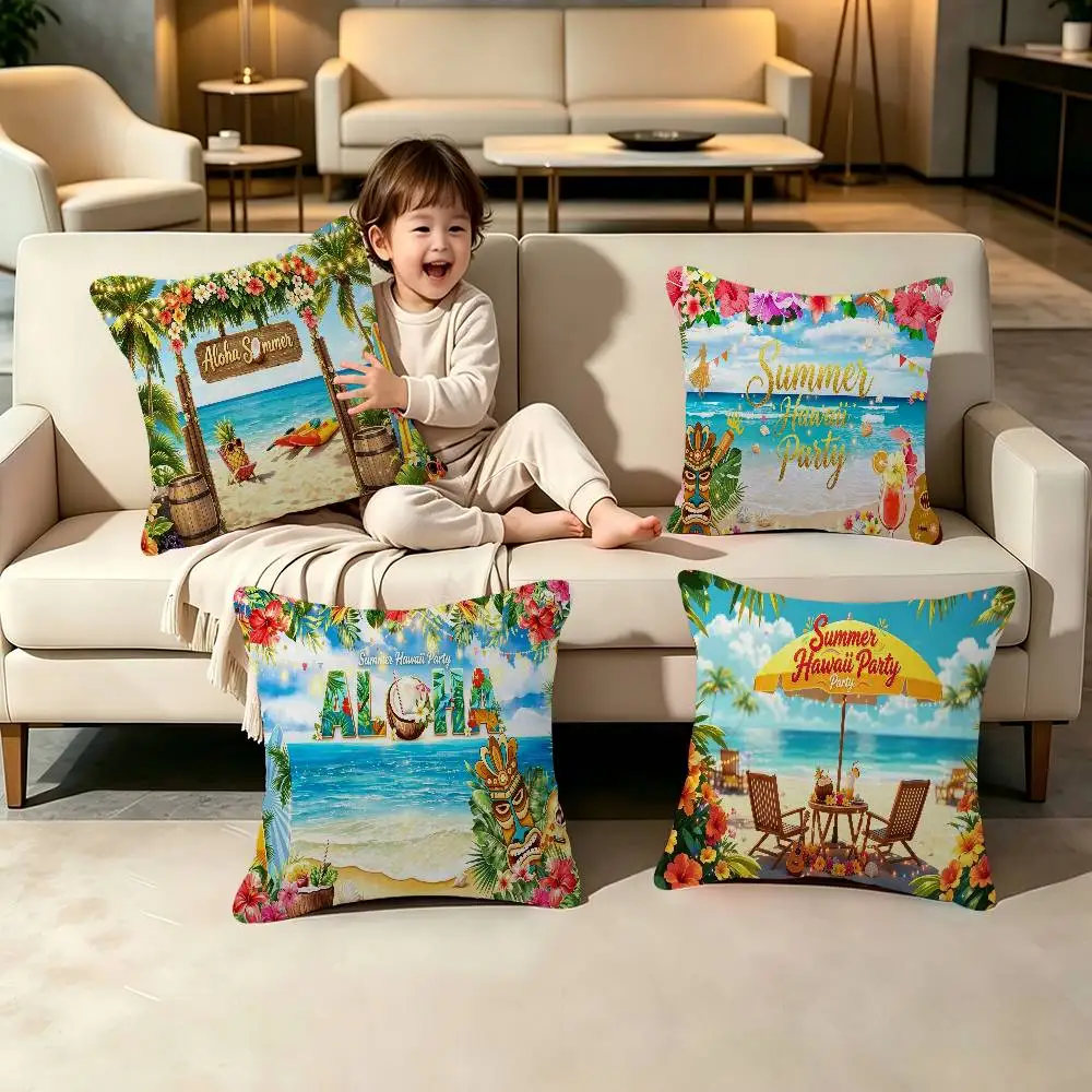 Summer Hawaii Party Supplies Pillow Case Plush Fabric Soft Double Sided Print Sofa Cushion Cover Throw Pillow Covers