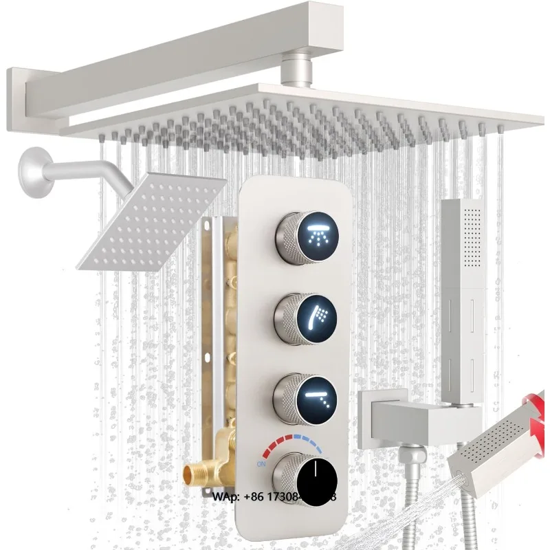 Double Rain Shower Faucet Set 10 + 6 Functions Wall Mount  Handheld Adjustable Volume Brush Nickel Full Bath Shower Function