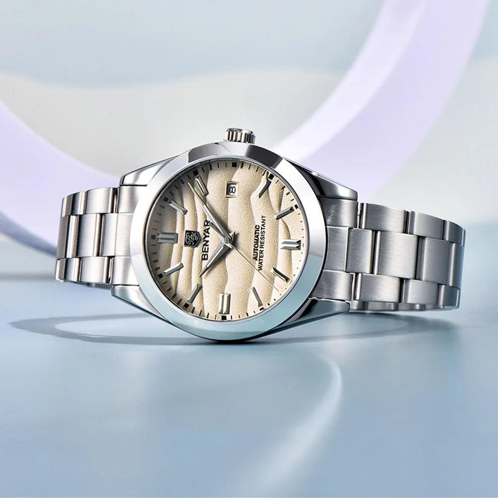 BENYAR luxury brand 40MM sand grain dial men's watch, stainless steel 50 meter waterproof automatic mechanical watch view 5