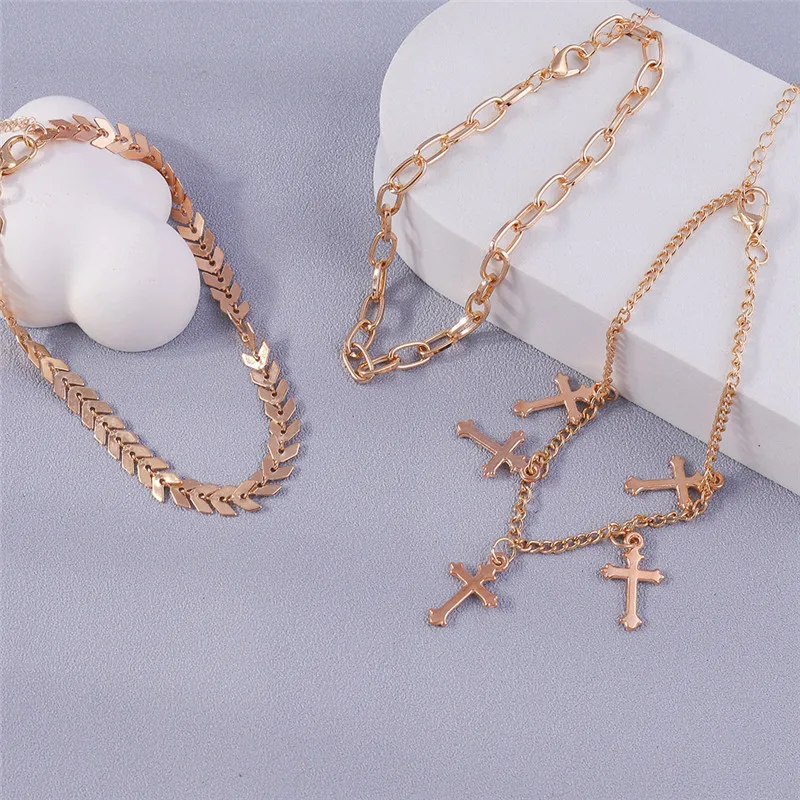 Aihua Boho Goldfarben Metallketten-Kreuz-Fußkettchen-Set für Frauen Kreuzanhänger Fußkettchen Kette am Bein Boho Schmuck Geschenke – Detail 3