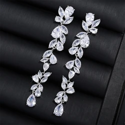 Uilz Fashion Cubic Zirconia Crystal Long Drop Leaf Earrings for Elegant Women CZ Bridal Wedding Jewelry Accessories