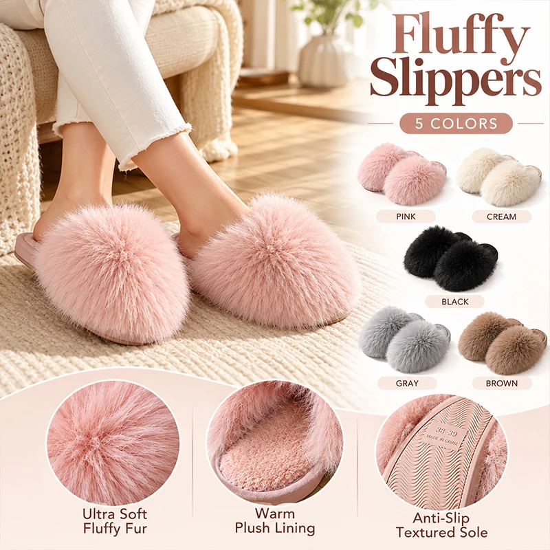 Women Winter Faux Fur Slippers Indoor Home Shoes Fashion Warm Soft Sole Slippers Solid Color Fluffy Shoes