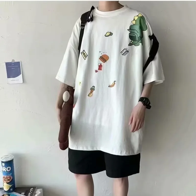 M-8XL Men Oversized Korean Fashion Loose American Cute Dinosaur Print Versatile Trend Couple Outfit