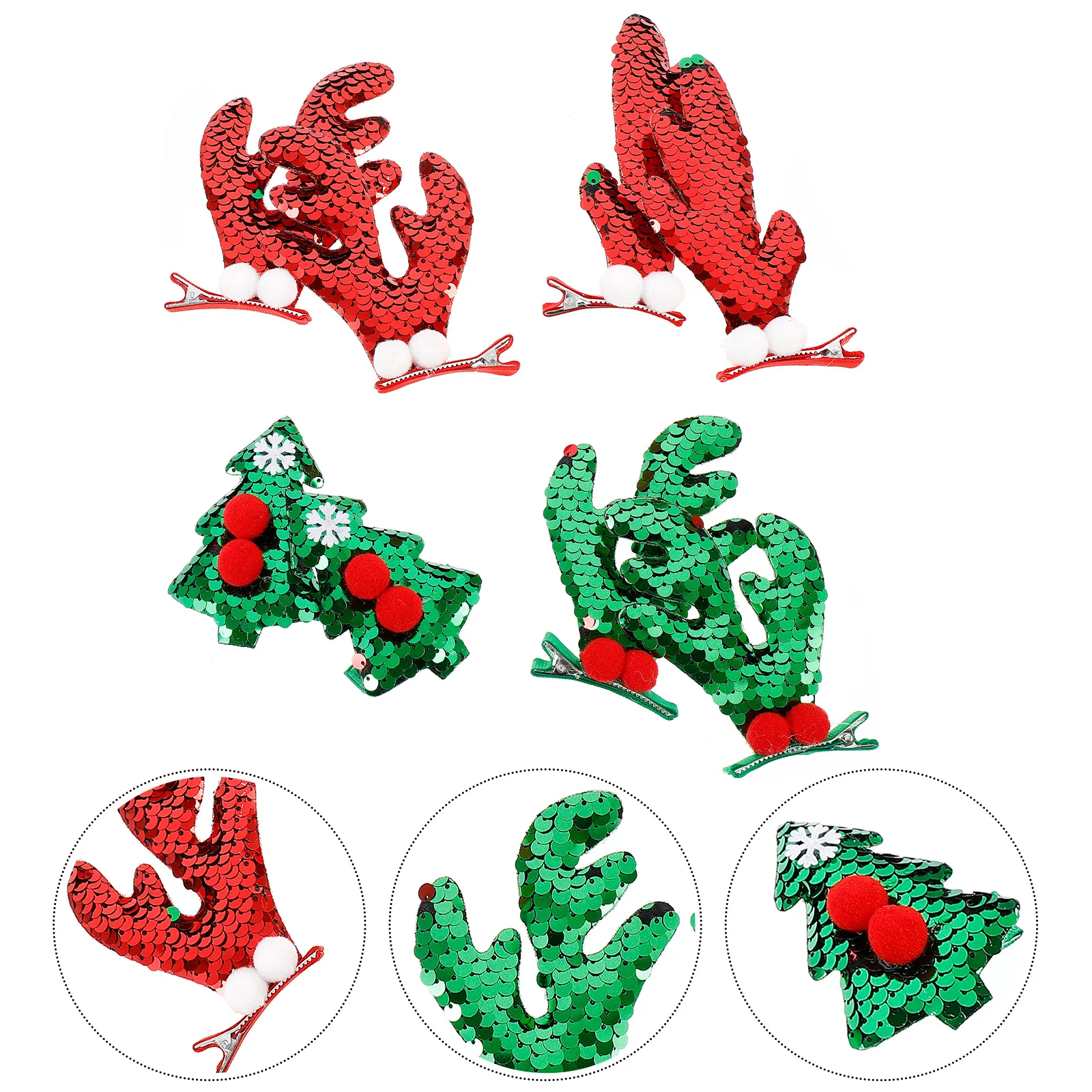 

4Pairs Christmas Antler Hairpins Sequins Clips Holiday Party Hair Accessories Xmas Tree Barrettes Christmas Theme Hair Clips