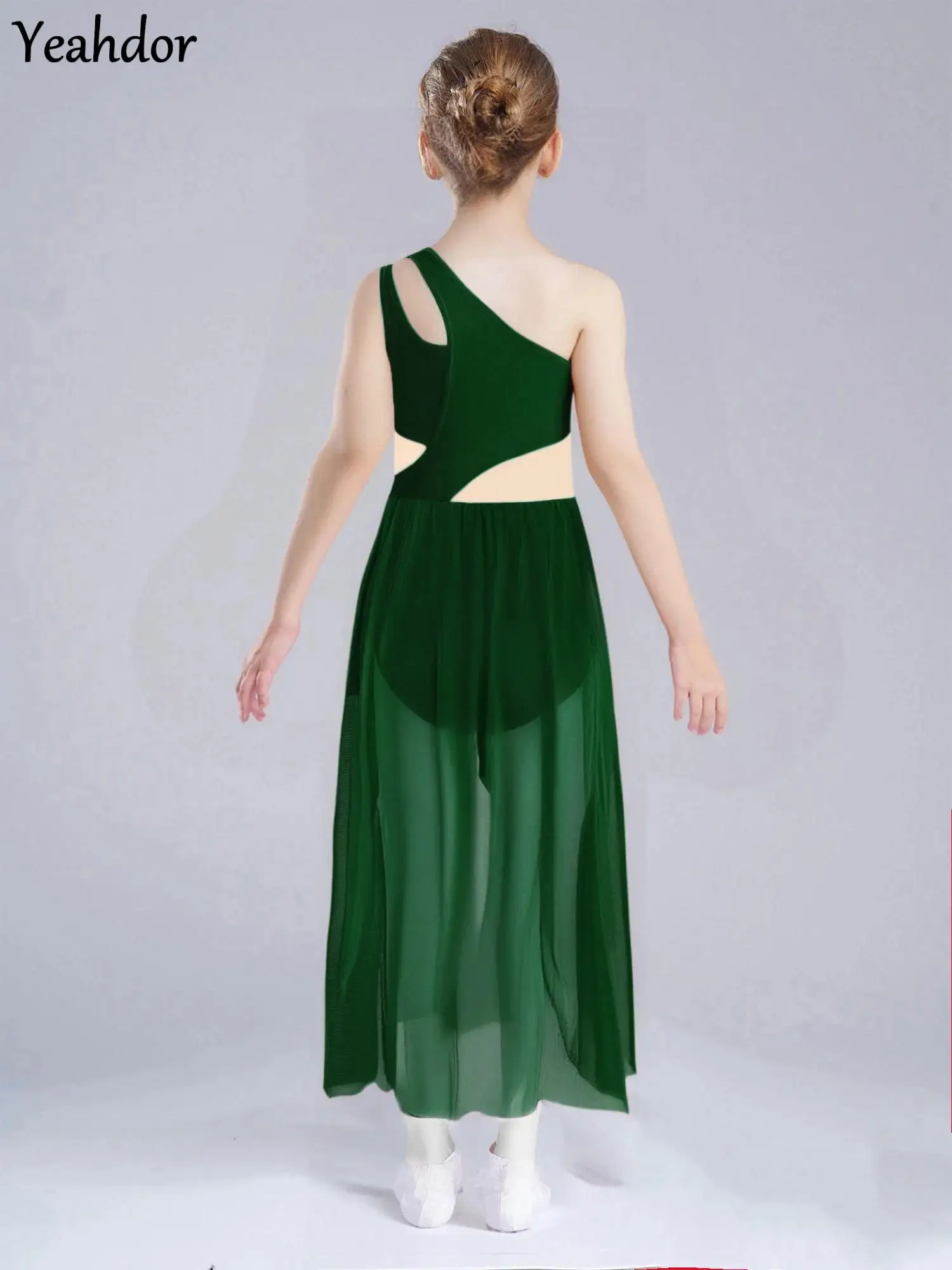 

Girls One Shoulder Sleeveless Lyrical Modern Dance Dress Asymmetric Split Mesh Rhinestone Ballet Gymnastic Skating Leotard Dress