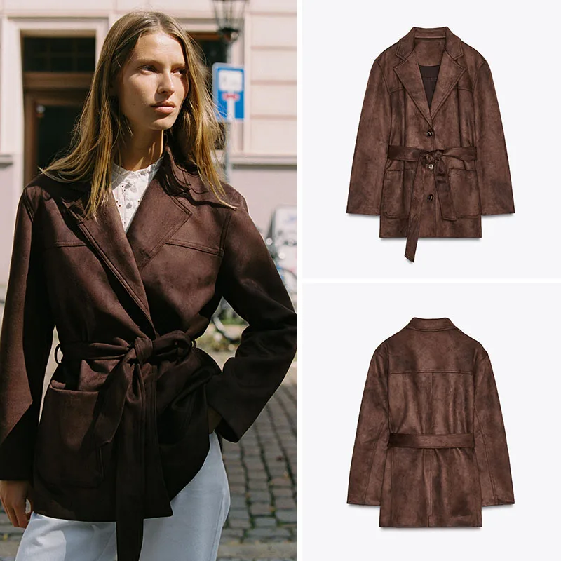 New Autumn Women's Casual Waist-Cinching Faux Leather Effect Jaet Coat Long Sve Street Sle Regular Length Faion