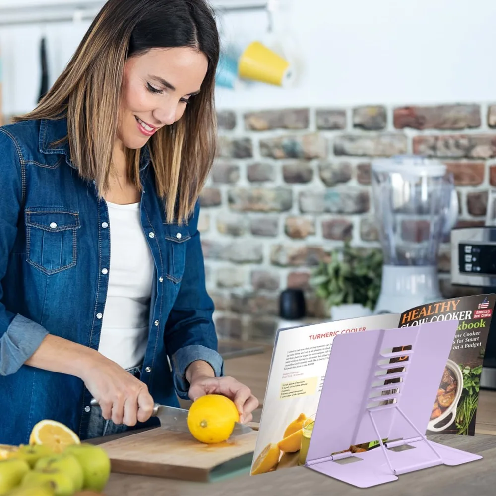 Adjustable Metal Book Stand for Reading, Hands-Free Cookbook Holder, Portable Bookrest for Tablets, Textbooks, Music Sheets, Light Purple