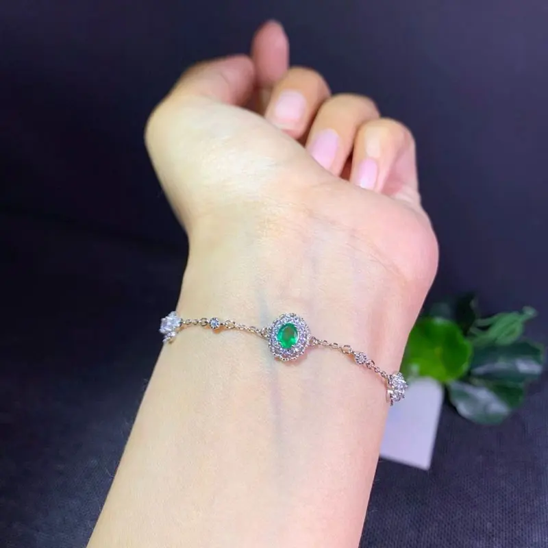 Thin 925 Silver Gemstone Bracelet for Girl 4mm*5mm 0.3ct Natural Emerald Bracelet with 3 Layers 18K Gold Plated Keep Shining