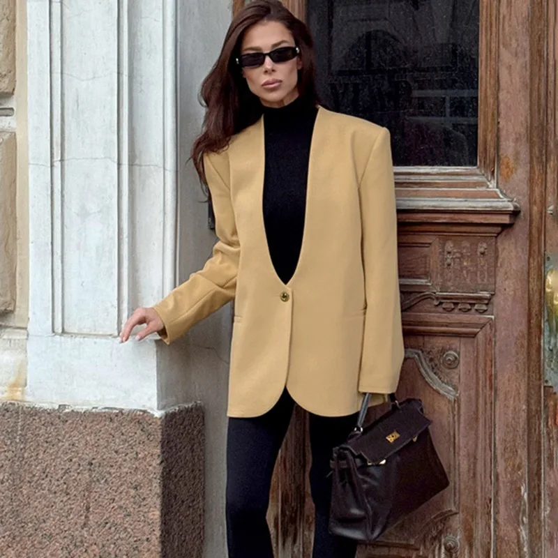 سترات نسائية عصرية من Talenza سترة فضفاضة للخريف سادة ورقبة على شكل حرف v بسيطة مرقعة أنيقة جديدة ملابس خارجية أساسية للسيدات للمكتب