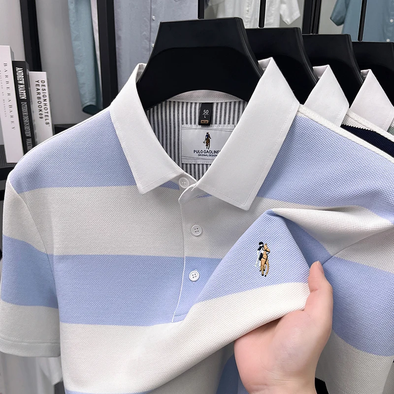 Designer brand short sleeve men polo shirt high-end pony embroidery new striped color blocking summer casual trend Paul T-shirt