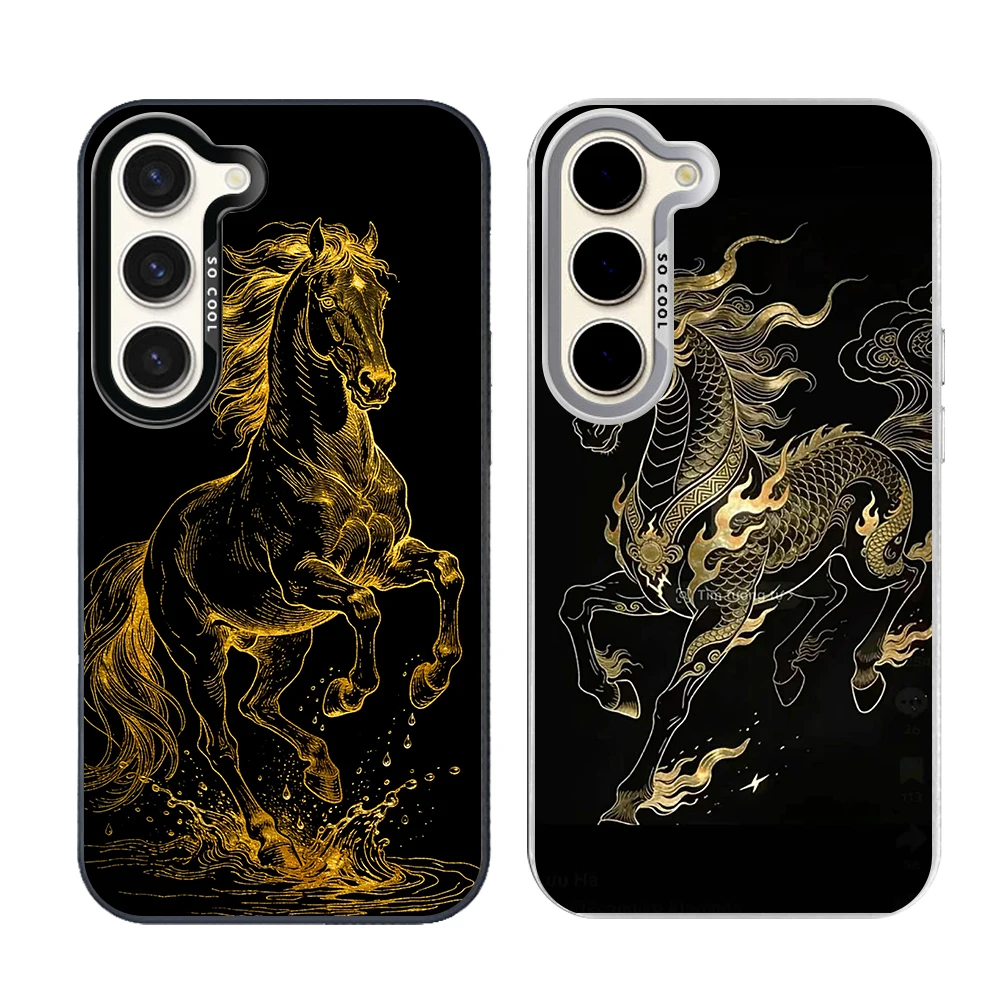 Phone Case for Samsung Galaxy S26 S25 S24 S23 S22 S21 S20 FE Ultra Plus Shockproof Grey Silvery Phone Cover Golden Horse Present