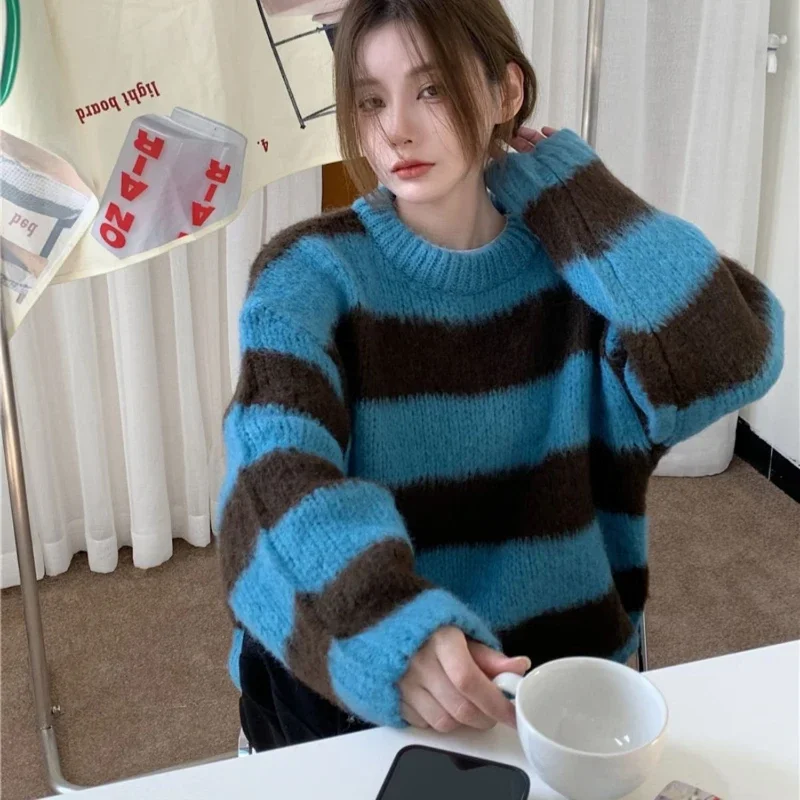 Panelled Sweaters Women Striped Fashion Korean Style Autumn Knitwear O-neck Leisure Simple Sweet Elegant Warm Loose Pullovers