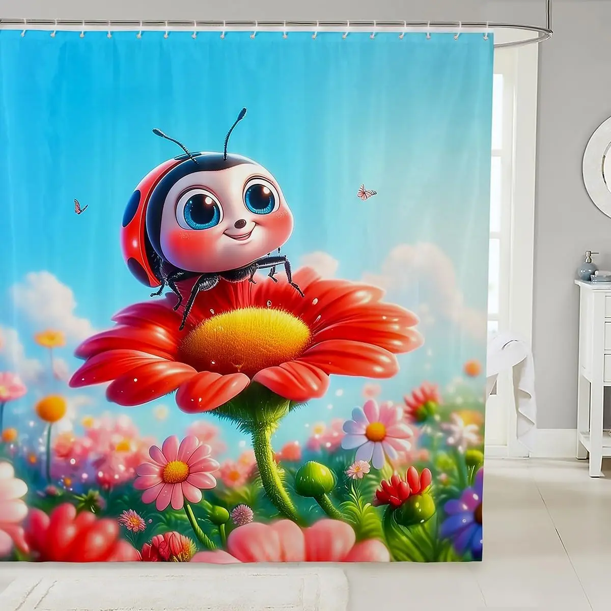 Waterproof Ladybug Flower Cartoon Shower Curtain Kids Bathroom Decoration Polyester Print Cute Floral Spring Nursery Shower Scre