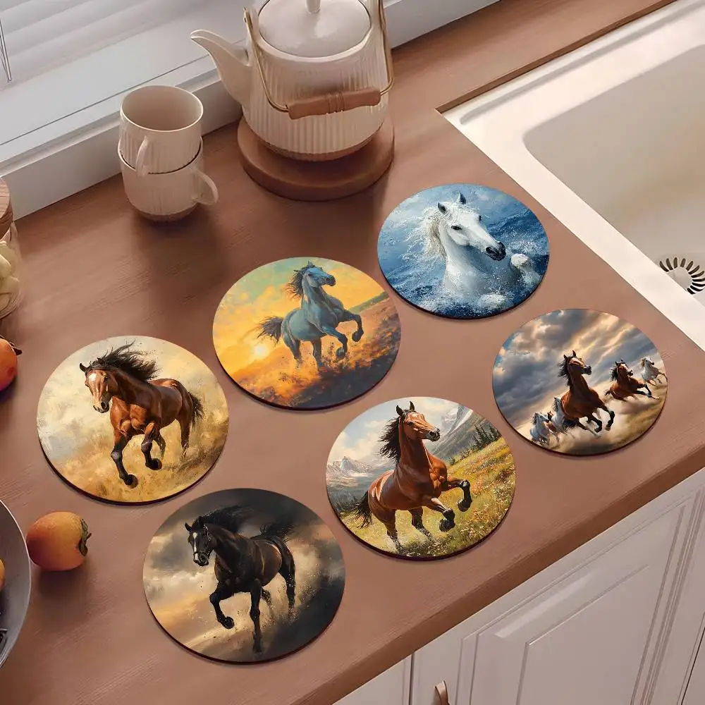 

1pc Horse Oil Painting Wooden Coaster Colour Printing Cup Mat Home Desk Decoration Gifts