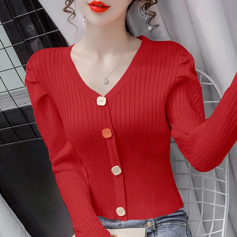 Pullovers Ladies Fashion Buttons Solid Color V-neck Long Sleeve Top Tee Autumn New All-match Pullover Knitting Sweater Women\'s