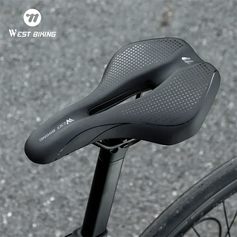 WEST BIKING MTB Road Bike Saddle Hollow Breathable Soft Bicycle Seat Cushion Shock Absorbing Non-Slip Leather Lightweight Saddle