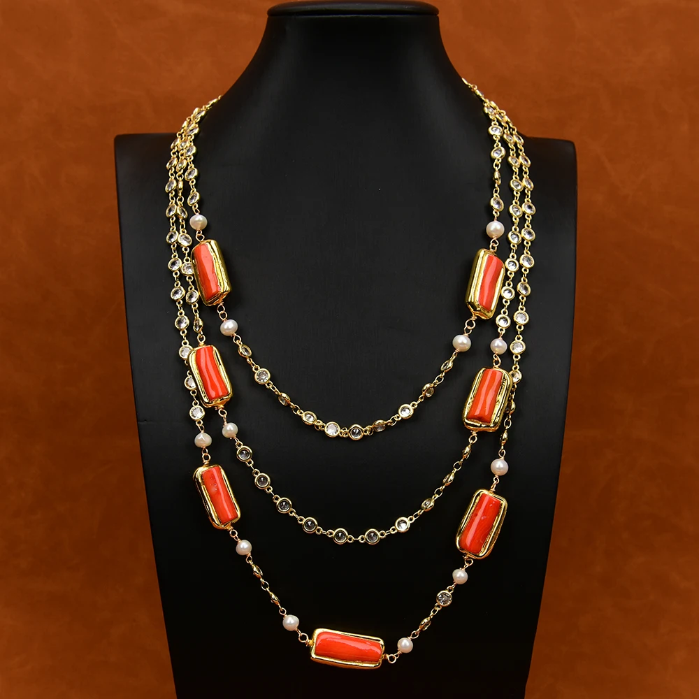 GG 20'' 3 Strands Natural White Pearl Orange Coral Branch Rhinestone Crystal CZ Paved Chain Necklace