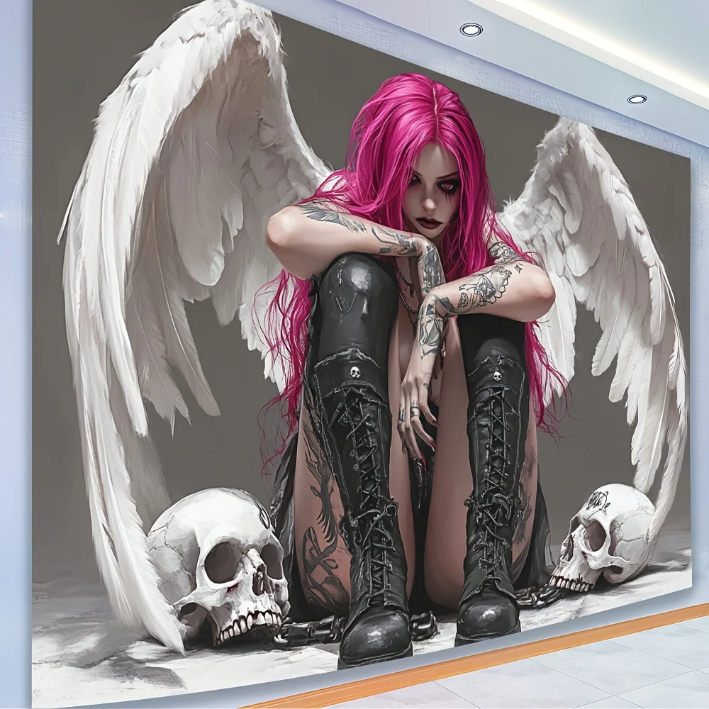 Pink Hair Angel With White Wings Skulls Tattooed Woman Wall Tapestry Gothic Art Decor Dark Aesthetic Home Interior Design