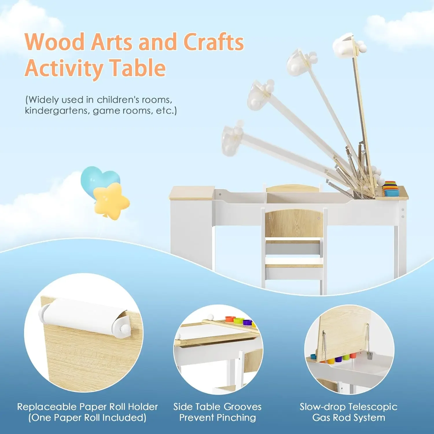 3-in-1 Kids Art Table and Easel Chair Set with Storage Bins & Paper Roll, Toddler Craft Play Wood Activity Desk for Art, Drawing