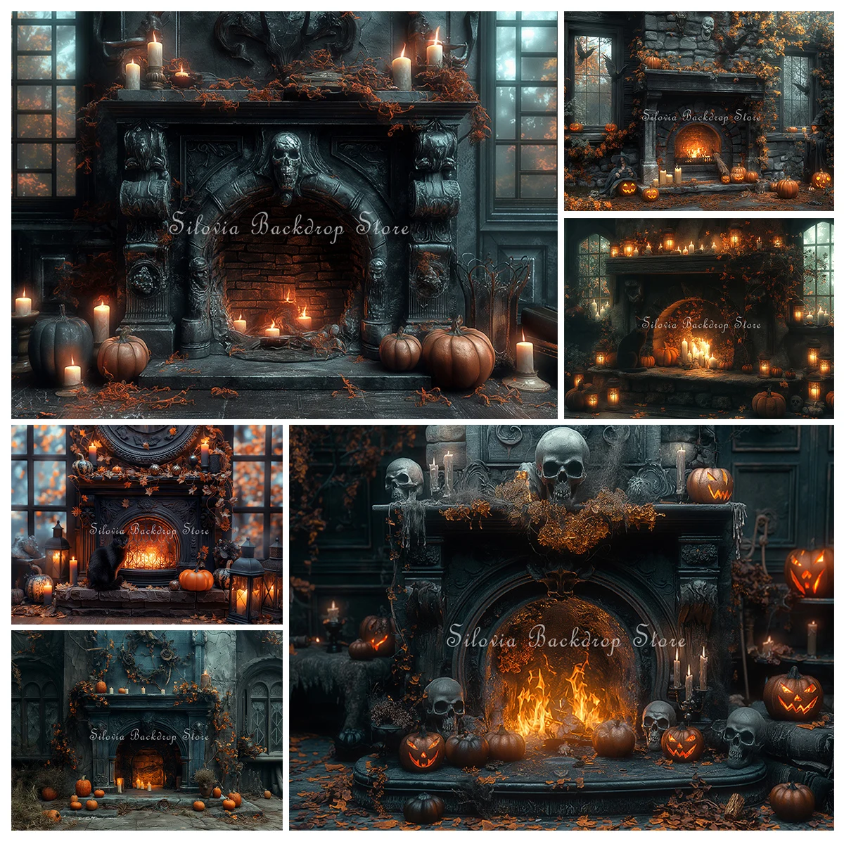 

Halloween Photo Backdrop Gothic Skulls Fireplace Photography Backdrop Pumpkin Candle Decor Kids Portrait Photo Studio Props