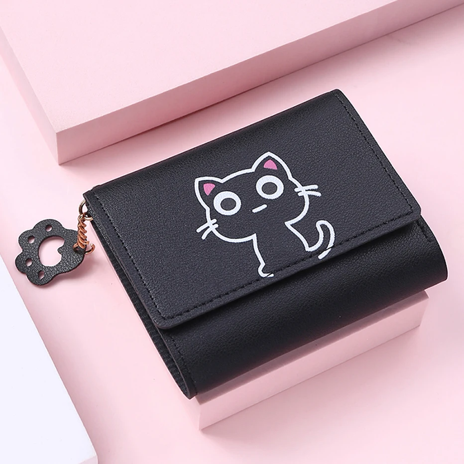 Portfel damski Cute Cat Mała krótka portmonetka ze skóry PU Damska portmonetka na karty Torebka na pieniądze Hasp Kreatywny modny portfel dla dziewczynek Prezent