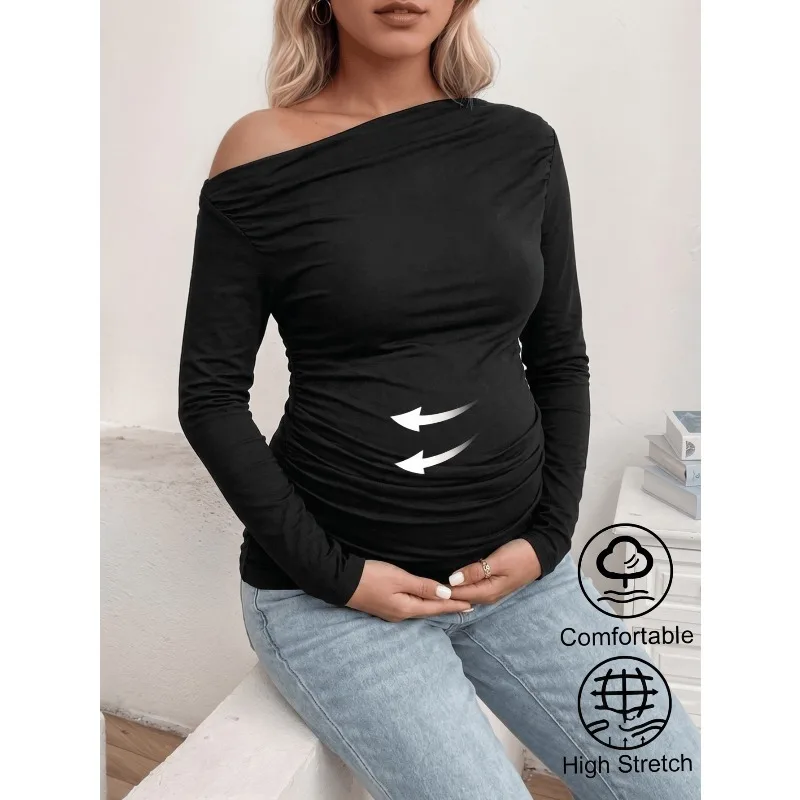 Maternity casual one-word shoulder black elegant long-sleeved top autumn and winter women, cute versatile maternity wear